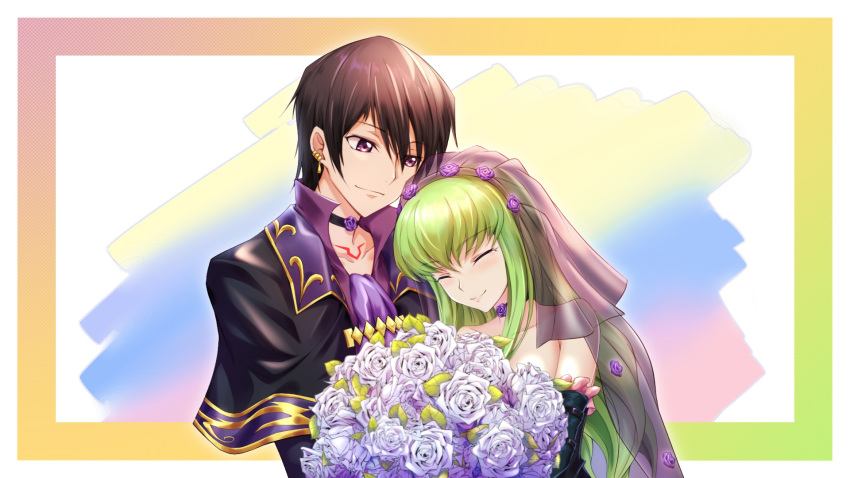 1boy 1girl black_capelet black_hair bouquet c.c. capelet closed_eyes closed_mouth code_geass collarbone couple d-l-l detached_sleeves flower frilled_sleeves frills green_hair green_sleeves hair_flower hair_ornament highres holding holding_bouquet leaning_to_the_side lelouch_lamperouge long_hair purple_flower rose shiny shiny_hair short_hair smile upper_body veil very_long_hair violet_eyes white_flower white_rose