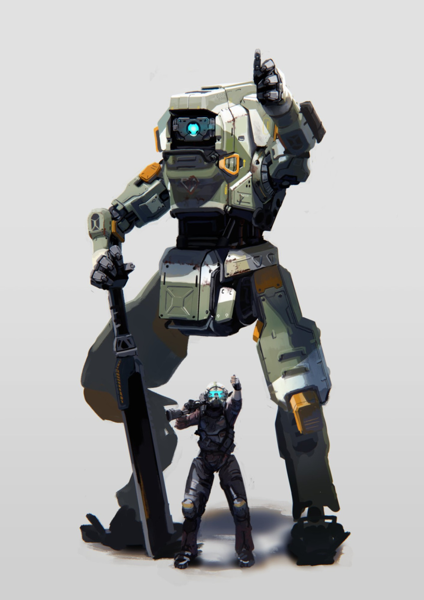 2boys blue_eyes bt-7274 glowing glowing_eye gradient gradient_background grey_background gun helmet highres holding holding_gun holding_weapon jack_cooper kusami_toka_naku_au looking_at_viewer mecha multiple_boys one-eyed over_shoulder science_fiction standing thumbs_up titanfall_(series) titanfall_2 visor weapon