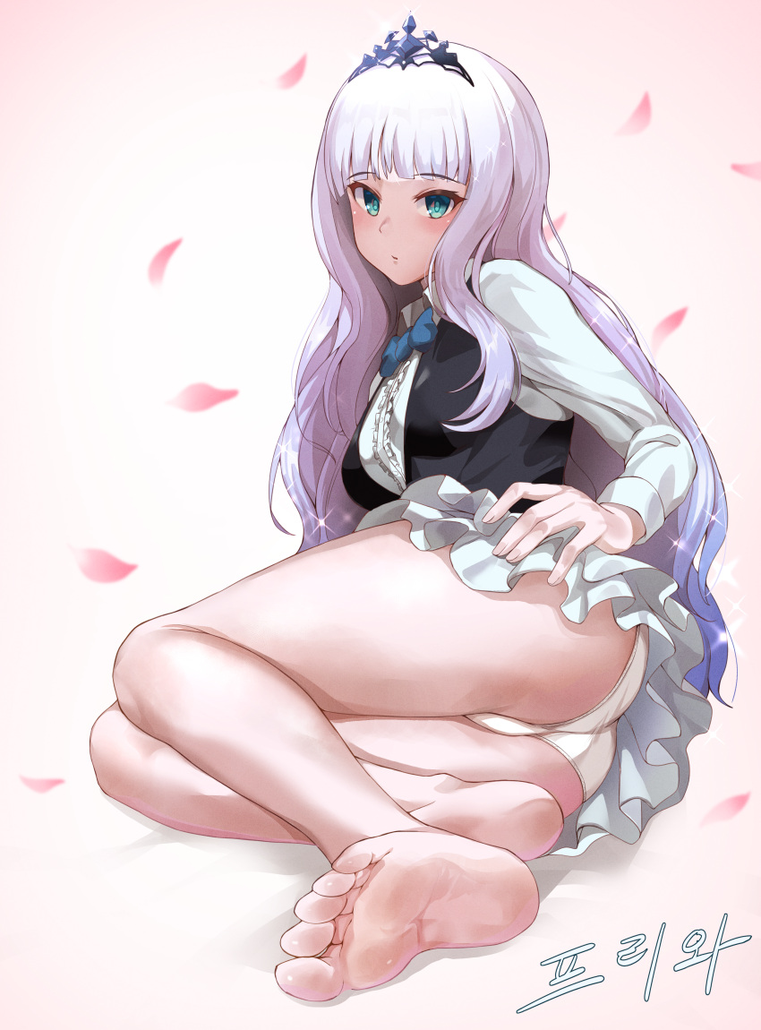 1girl absurdres bare_legs barefoot black_jacket bow bowtie character_request copyright_request crown feet flower green_eyes headwear highres huge_filesize jacket long_hair long_sleeves looking_at_viewer miniskirt panties petals pharamacom purple_hair shirt skirt soles underwear white_panties white_shirt