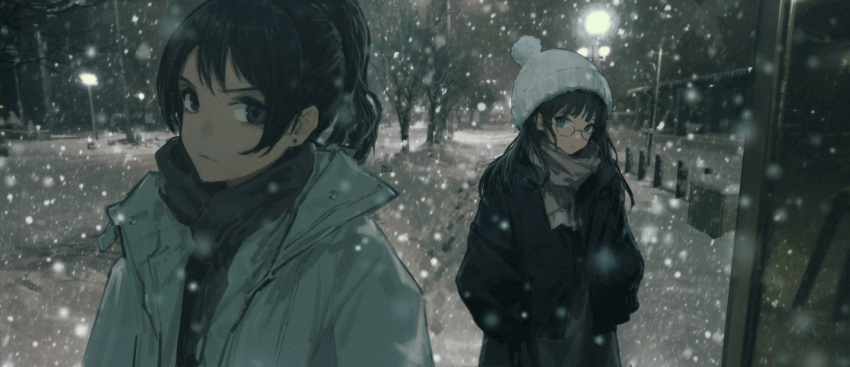 2girls black_hair black_jacket blue_eyes closed_mouth earrings glasses grey_neckwear grey_scarf hands_in_pockets hat highres jacket jewelry long_hair long_sleeves looking_at_viewer multiple_girls original outdoors ponytail scarf snow snowing tree wang-xi white_headwear white_jacket winter winter_clothes