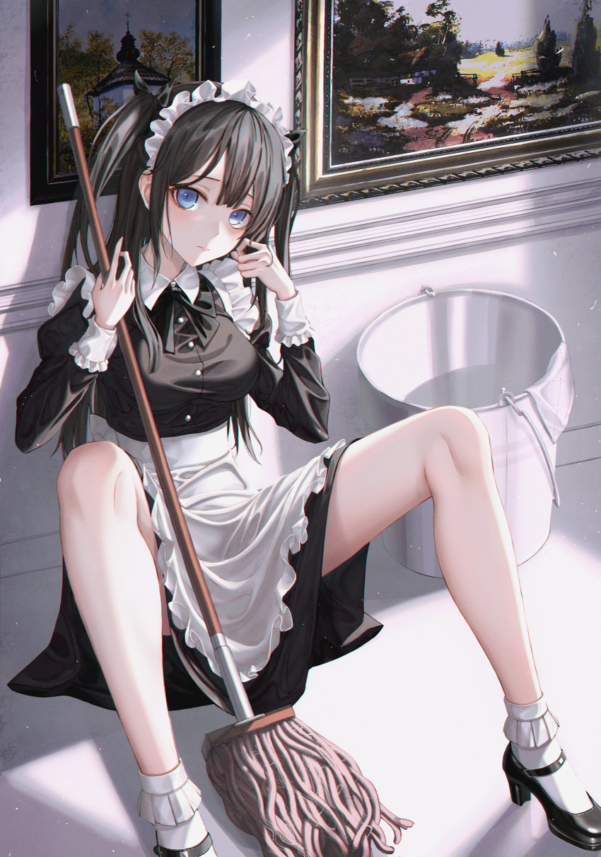 1girl absurdres apron bangs bare_legs black_dress black_footwear black_hair blue_eyes blush bobby_socks breasts bucket closed_mouth commentary dress eichi_(skskdi12z) english_commentary eyebrows_visible_through_hair eyeshadow frilled_apron frills high_heels highres indoors knees_up long_hair long_sleeves looking_at_viewer maid maid_headdress makeup medium_breasts mop on_floor original painting_(object) rag red_eyeshadow sitting socks solo spread_legs two_side_up waist_apron water white_apron white_legwear