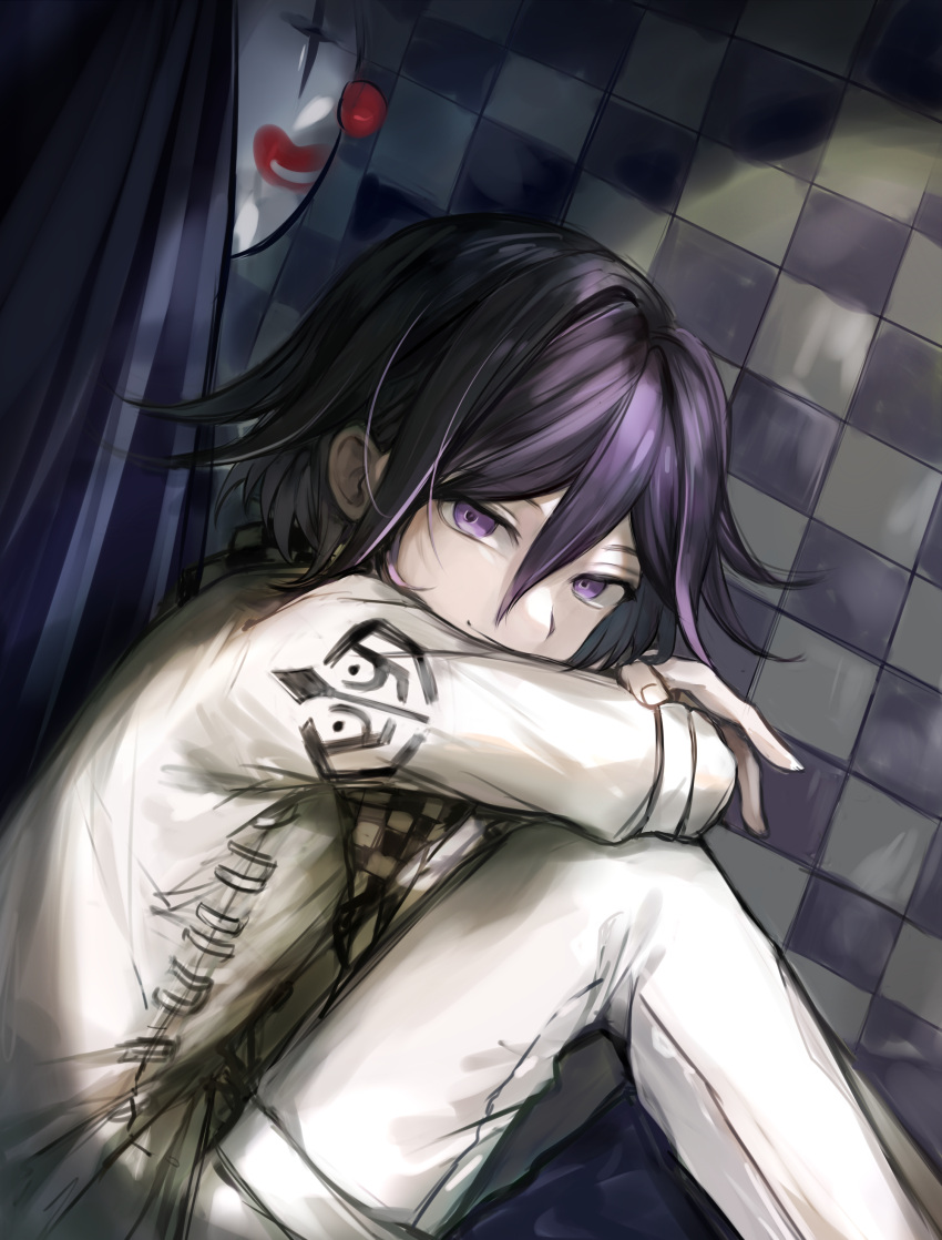 1boy absurdres bangs black_hair checkered checkered_scarf clown_mask commentary_request dangan_ronpa_(series) dangan_ronpa_v3:_killing_harmony feet_out_of_frame from_side hair_between_eyes highres knees_up long_sleeves looking_at_viewer looking_to_the_side male_focus mask mask_removed muuyiie ouma_kokichi pants purple_hair scarf short_hair sitting smile solo straitjacket tile_wall tiles violet_eyes