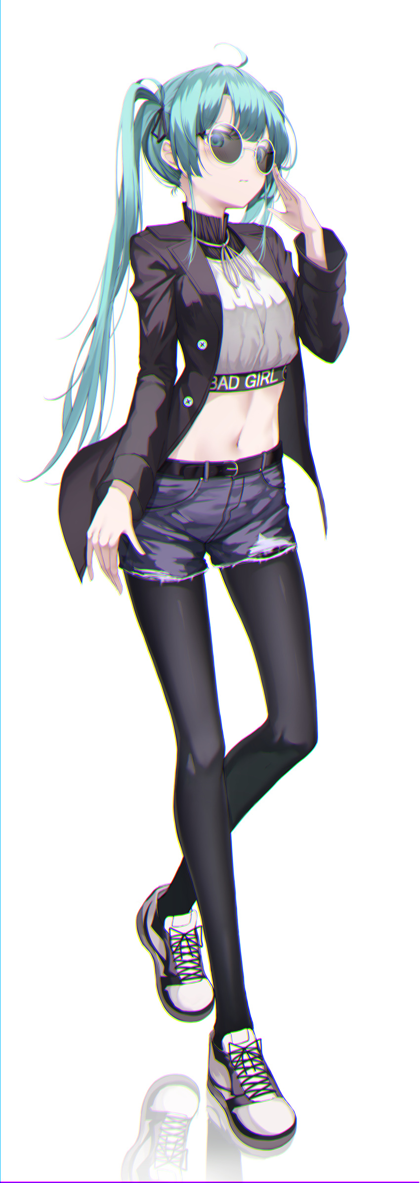 1girl absurdres adjusting_eyewear ahoge apple_ringo aqua_eyes aqua_hair belt black_coat black_legwear blue_shorts buttons chromatic_aberration closed_mouth clothes_writing coat commentary crop_top cutoffs denim denim_shorts flat_chest full_body hair_ribbon hand_up hatsune_miku highres long_hair long_sleeves looking_at_viewer midriff navel open_clothes open_coat pantyhose reflection ribbon round_eyewear shirt shoes short_shorts shorts sidelocks simple_background sneakers solo standing stomach sunglasses turtleneck twintails v-shaped_eyebrows vocaloid white-framed_eyewear white_background white_shirt wing_collar