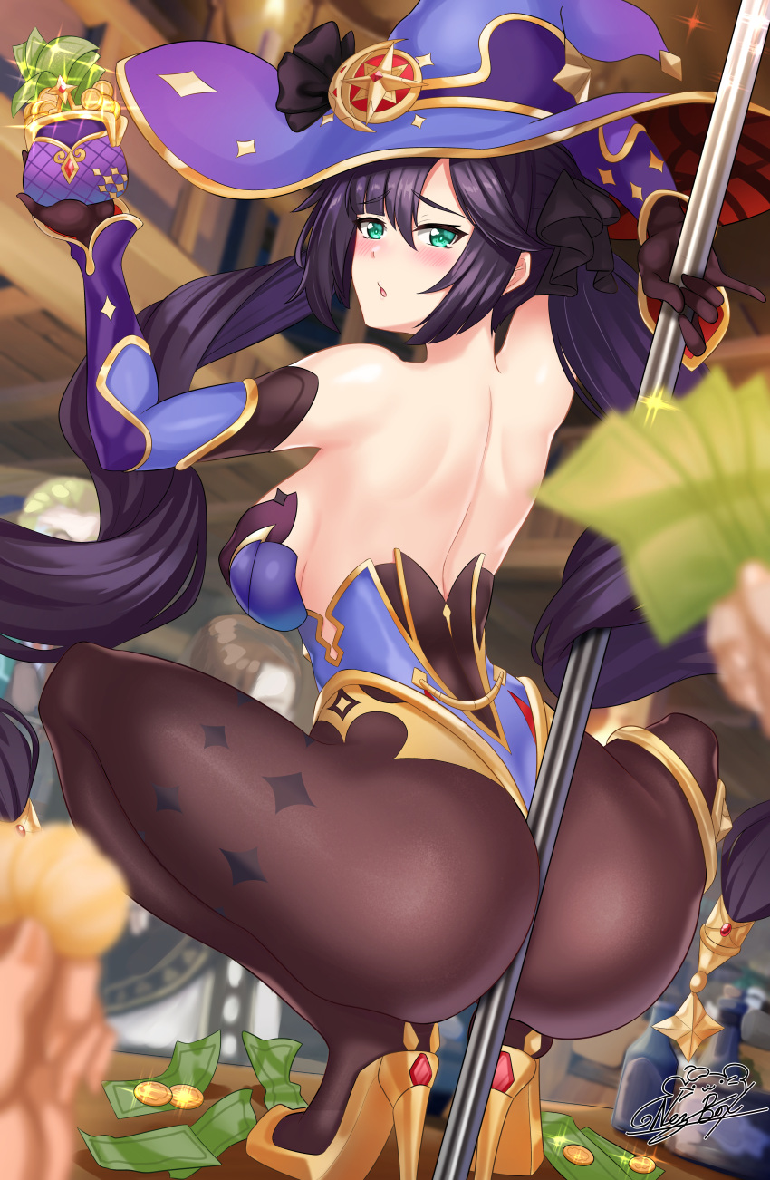 1girl absurdres ass back bangs bare_shoulders black_hair black_legwear breasts genshin_impact green_eyes hat high_heels highres leotard long_hair looking_at_viewer looking_back mage medium_breasts mona_(genshin_impact) money nez-box open_mouth pantyhose pole_dancing purple_headwear purple_leotard simple_background squatting stripper_pole thighs twintails very_long_hair white_background witch_hat