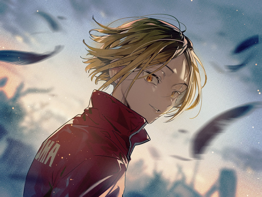 1boy bangs bikkusama black_hair blonde_hair falling_feathers haikyuu!! high_collar highres jacket kozume_kenma looking_at_viewer male_focus multicolored_hair orange_eyes outdoors parted_bangs red_jacket short_hair smile solo track_jacket upper_body