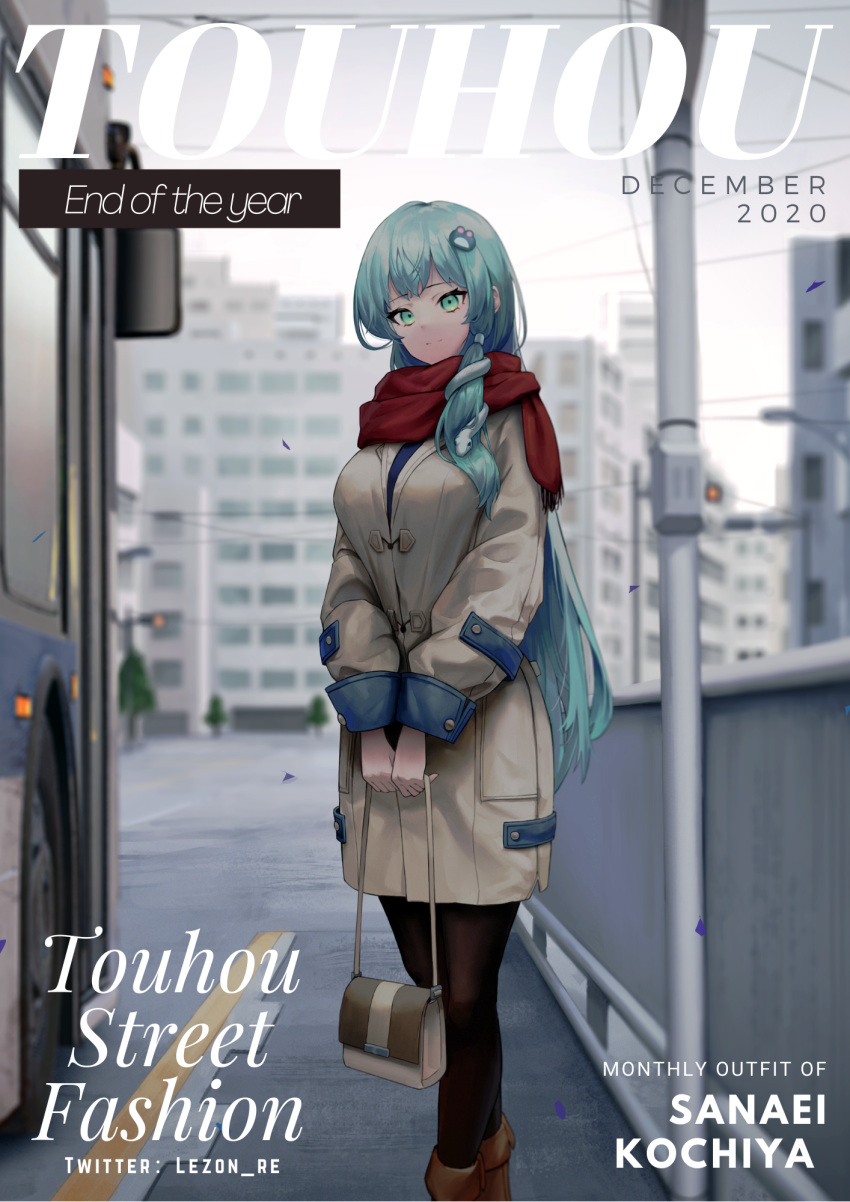 1girl alternate_costume bag black_legwear blurry blurry_background boots breasts brown_coat brown_footwear building bus character_name city coat contemporary cover english_text fake_magazine_cover frog_hair_ornament green_eyes green_hair ground_vehicle hair_ornament handbag highres holding holding_bag kochiya_sanae lamppost large_breasts light_smile long_hair looking_at_viewer magazine_cover motor_vehicle outdoors pantyhose photo_background power_lines red_scarf road scarf snake_hair_ornament solo touhou very_long_hair winter_clothes winter_coat yaye