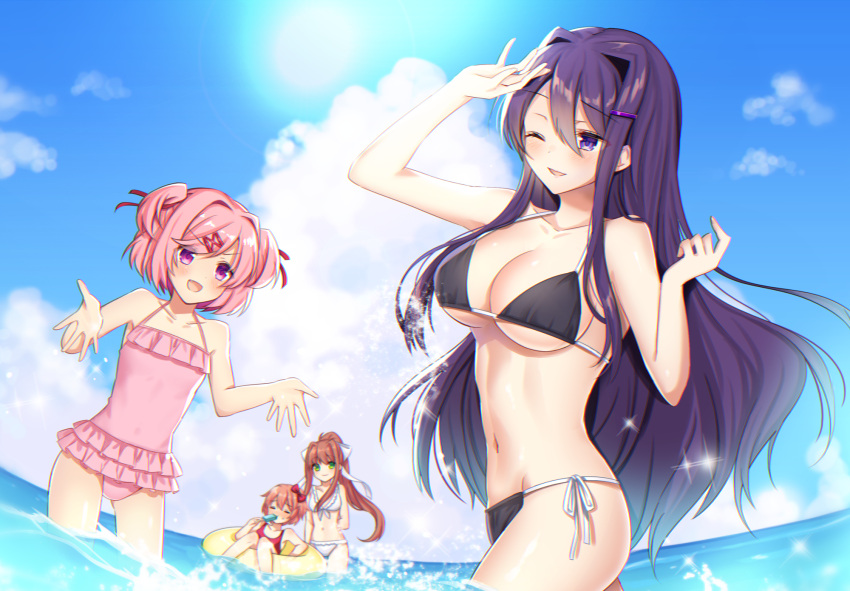 4girls :d ;d =_= bangs bare_arms bare_shoulders bikini black_bikini blue_sky bow breasts brown_hair clouds collarbone commentary day doki_doki_literature_club eyebrows_visible_through_hair fang flat_chest food frilled_swimsuit frills green_eyes hair_between_eyes hair_bow hair_ornament hair_ribbon hairclip highres innertube large_breasts long_hair monika_(doki_doki_literature_club) multiple_girls natsuki_(doki_doki_literature_club) navel one-piece_swimsuit one_eye_closed open_mouth outdoors pink_hair pink_swimsuit ponytail popsicle purple_hair red_bow red_ribbon ribbon s_h_riek sayori_(doki_doki_literature_club) short_hair side-tie_bikini sky smile splashing swept_bangs swimsuit two_side_up very_long_hair violet_eyes wading water white_bikini yuri_(doki_doki_literature_club)