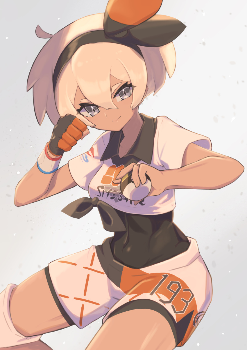 1girl absurdres bangs bea_(pokemon) black_bodysuit black_hairband blonde_hair bodysuit bodysuit_under_clothes bow_hairband clenched_hand closed_mouth collared_shirt commentary covered_navel dynamax_band eyelashes gloves grey_eyes gym_leader hair_between_eyes hairband highres holding holding_poke_ball knee_pads number nuneno partially_fingerless_gloves poke_ball pokemon pokemon_(game) pokemon_swsh print_shirt print_shorts shiny shiny_skin shirt short_hair short_sleeves shorts side_slit side_slit_shorts single_glove smile solo tied_shirt ultra_ball
