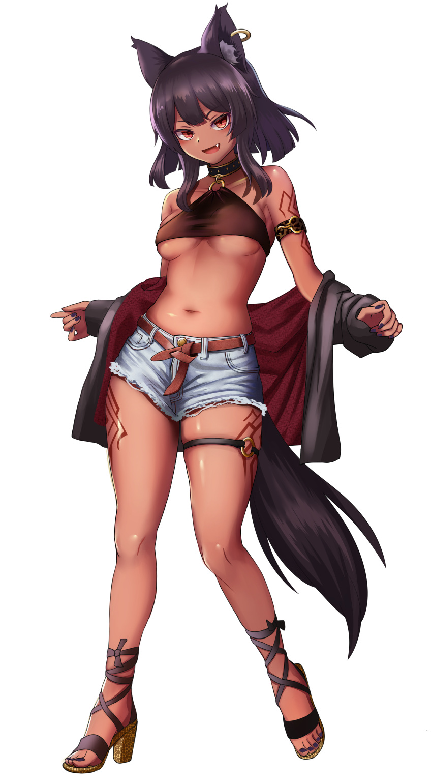 1girl absurdres animal_ears b-pang black_hair blush breasts brown_eyes cat_ears cat_girl cat_tail dark_skin earrings eyebrows_visible_through_hair fang full_body high_heels highres jewelry looking_at_viewer medium_hair open_mouth original small_breasts smile solo tail tan tattoo under_boob