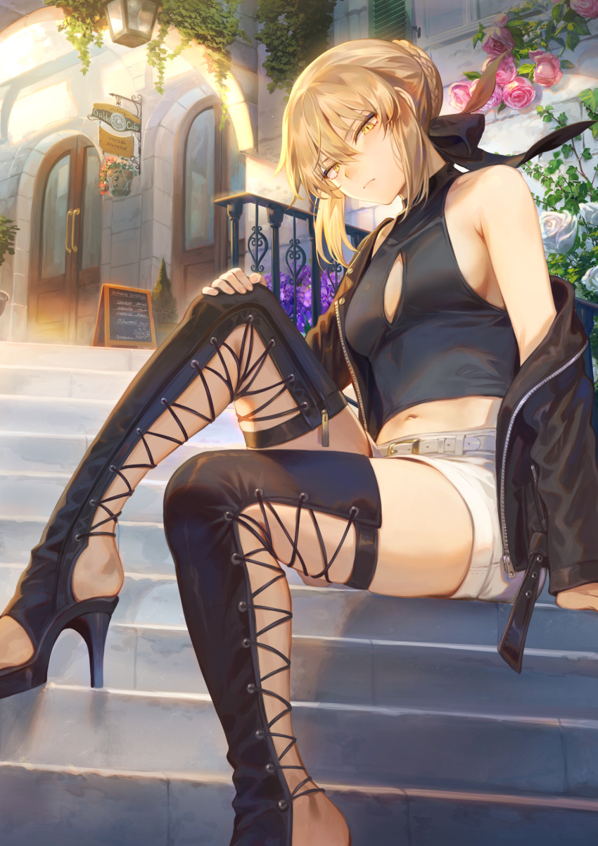 1girl alternate_costume artoria_pendragon_(all) bangs bare_shoulders belt belt_buckle black_bow black_footwear black_jacket black_shirt blonde_hair boots bow breasts buckle building casual cleavage_cutout closed_mouth clothing_cutout commentary_request day eyebrows_visible_through_hair fate/grand_order fate_(series) feet flower hair_bow hair_bun hair_ribbon hand_on_own_knee heel-less_footwear high_heel_boots high_heels highres jacket knee_up legs long_sleeves looking_at_viewer mashuu_(neko_no_oyashiro) off_shoulder outdoors pink_flower pink_rose railing ribbon rose saber_alter shirt short_hair short_shorts shorts sideboob sidelocks sitting small_breasts solo stairs thigh-highs thigh_boots toeless_legwear unzipped v-shaped_eyebrows white_flower white_rose white_shorts yellow_eyes zipper_pull_tab