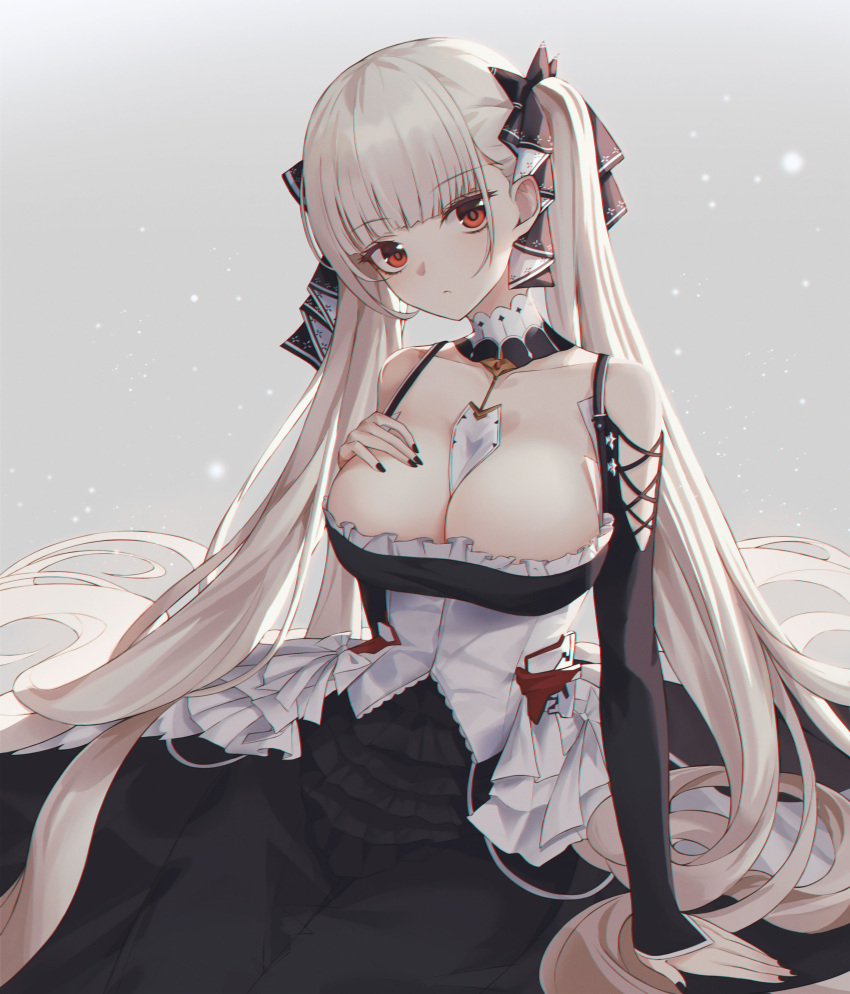 1girl absurdres azur_lane bangs bare_shoulders between_breasts black_bow black_dress black_nails blunt_bangs bow breasts closed_mouth clothing_cutout collarbone commentary_request corset detached_collar dress expressionless eyebrows_visible_through_hair formidable_(azur_lane) frilled_dress frills hair_bow head_tilt highres large_breasts long_hair long_sleeves looking_at_viewer nail_polish pale_skin ramboo red_eyes revision shoulder_cutout silver_hair sitting solo twintails very_long_hair