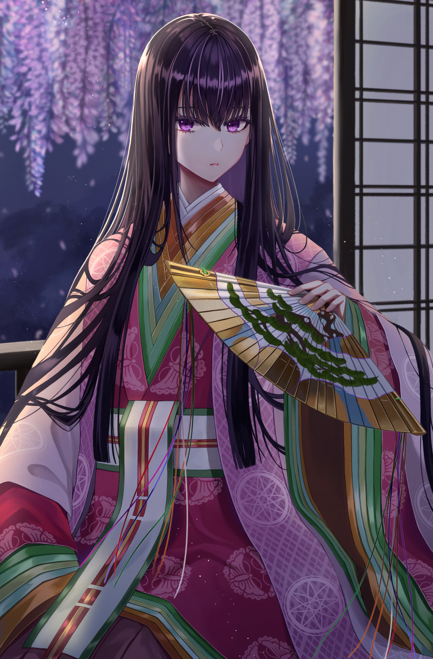 1girl absurdly_long_hair absurdres bangs black_hair blush breasts fan fate/grand_order fate_(series) flower folding_fan highres huge_filesize japanese_clothes karaginu_mo kimono layered_clothing layered_kimono long_hair long_sleeves looking_at_viewer murasaki_shikibu_(fate) pink_kimono sash shouji sliding_doors tobi_(pixiv41237754) very_long_hair violet_eyes wide_sleeves wisteria