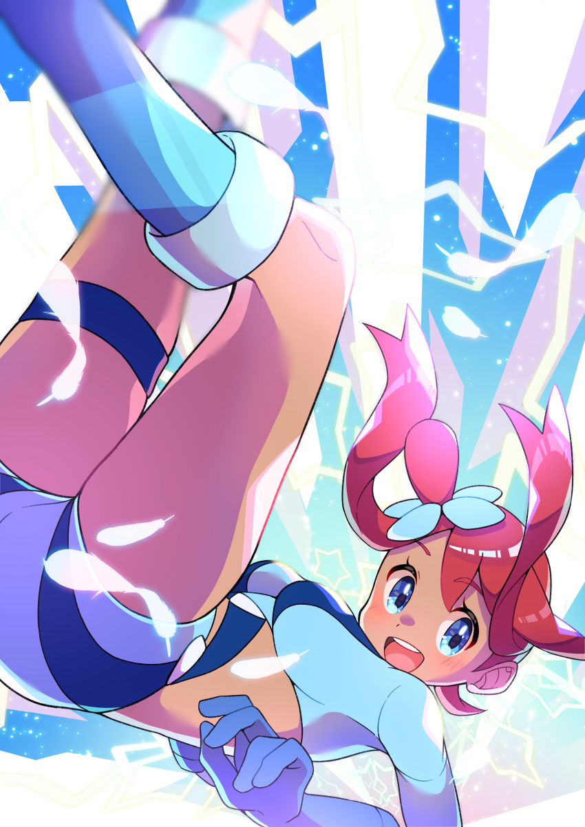 1girl absurdres bangs blue_eyes blue_footwear blue_gloves blue_shorts blush boots breasts commentary crop_top eyebrows_visible_through_hair eyelashes feathers floating_hair gloves gym_leader hair_ornament highres knees looking_at_viewer open_mouth pokemon pokemon_(game) pokemon_bw pon_yui redhead shiny shiny_hair short_shorts shorts sidelocks skyla_(pokemon) smile solo teeth tongue