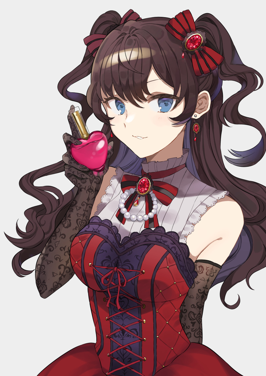 1girl absurdres black_gloves blue_eyes bottle bow brown_hair commentary corset earrings elbow_gloves english_commentary gem gloves grey_background hair_bow hand_up highres holding holding_bottle ichinose_shiki idolmaster idolmaster_cinderella_girls idolmaster_cinderella_girls_starlight_stage jewelry looking_at_viewer parted_lips perfume_bottle red_bow rin_(yukameiko) simple_background smile solo striped striped_bow two_side_up