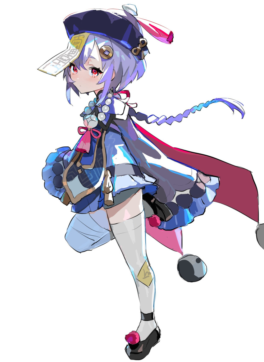 1girl bandaged_leg bandages bangs bead_necklace beads black_footwear braid chinese_clothes closed_mouth dress frilled_sleeves frills genshin_impact hair_ornament hat highres human_homeosta jewelry jiangshi leg_up long_hair necklace ofuda pink_hair pom_pom_(clothes) purple_dress purple_headwear qing_guanmao qiqi simple_background single_braid sleeves_past_fingers sleeves_past_wrists solo tassel thigh-highs white_background