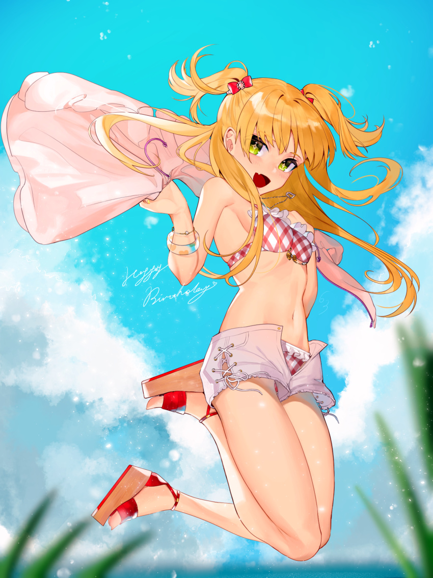 1girl :d absurdres bangs bikini bikini_under_clothes blonde_hair blue_sky blurry_foreground bow bracelet day fang floating_hair green_eyes hair_bow happy_birthday highres holding idolmaster idolmaster_cinderella_girls jewelry jougasaki_rika jumping koyo_akio long_hair looking_at_viewer open_clothes open_mouth open_shorts outdoors plaid plaid_bikini red_bow shiny shiny_hair short_shorts shorts skin_fang sky smile solo summer swimsuit twintails very_long_hair white_shorts