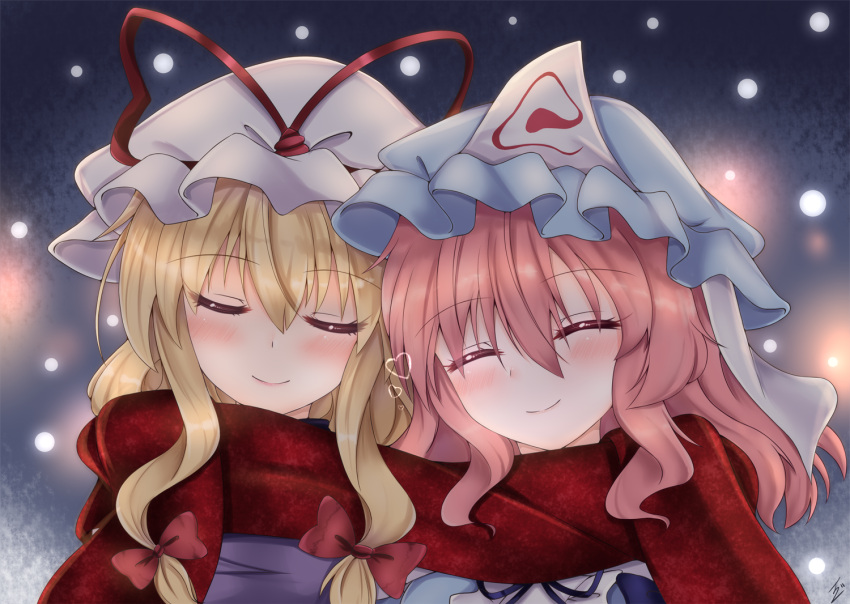 2girls blonde_hair blue_background blue_headwear blurry blush bokeh closed_eyes commentary_request depth_of_field eyebrows_visible_through_hair hair_between_eyes hat hat_ribbon head_to_head heart ibuibuyou mob_cap multiple_girls partial_commentary pink_hair red_scarf ribbon saigyouji_yuyuko scarf shared_scarf sidelocks signature smile touhou triangular_headpiece upper_body white_headwear yakumo_yukari yuri