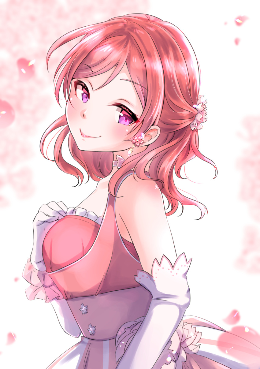 1girl absurdres bangs breasts choker closed_mouth earrings elbow_gloves eyebrows_visible_through_hair from_side gloves hair_between_eyes high-waist_skirt highres jewelry kobayashi_nyoromichi long_hair looking_at_viewer love_live! love_live!_school_idol_project medium_breasts nishikino_maki pink_eyes redhead shiny shiny_hair skirt sleeveless smile solo souryuu_asuka_langley striped vertical-striped_skirt vertical_stripes white_gloves white_skirt