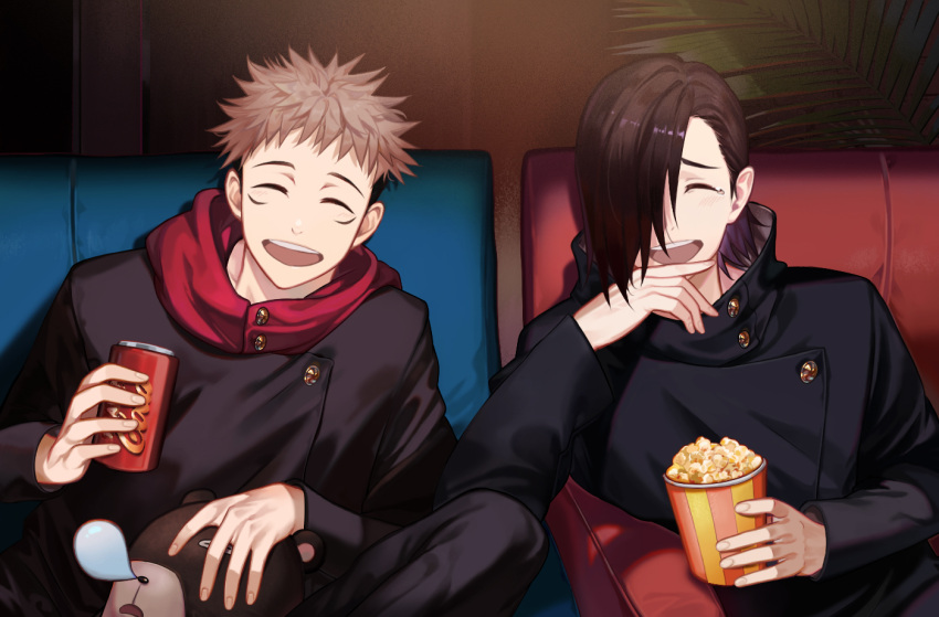 2boys :d ^_^ black_hair black_jacket black_pants brown_hair can closed_eyes couch facial_mark facing_viewer food gakuran hair_over_one_eye hand_up high_collar holding holding_can hood hood_down hoodie indoors itadori_yuuji jacket jujutsu_kaisen long_sleeves male_focus multiple_boys nose_bubble open_mouth pants peach_luo popcorn red_hoodie school_uniform short_hair sitting sleeping smile soda_can spiky_hair stuffed_animal stuffed_toy teddy_bear undercut upper_body upper_teeth yoshino_junpei