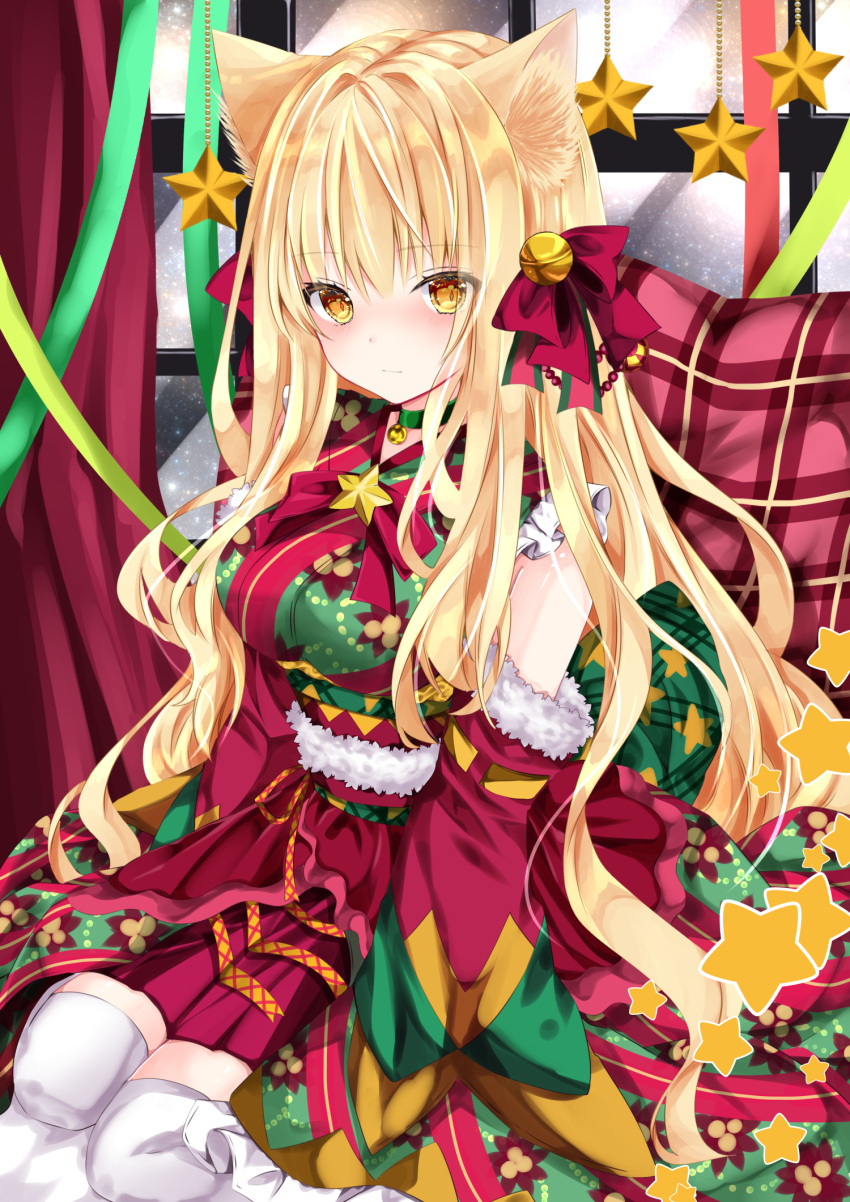 1girl animal_ear_fluff animal_ears bangs bare_shoulders bell blonde_hair blush bow breasts brown_eyes cat_ears choker closed_mouth commentary_request eyebrows_visible_through_hair fur-trimmed_sleeves fur_trim green_choker hair_bell hair_bow hair_ornament highres japanese_clothes jingle_bell kimono long_hair long_sleeves looking_at_viewer medium_breasts nanase_kureha nanase_nao original pillow plaid red_bow red_kimono red_sleeves sitting sleeveless sleeveless_kimono sleeves_past_fingers sleeves_past_wrists solo star_(symbol) thigh-highs very_long_hair white_legwear
