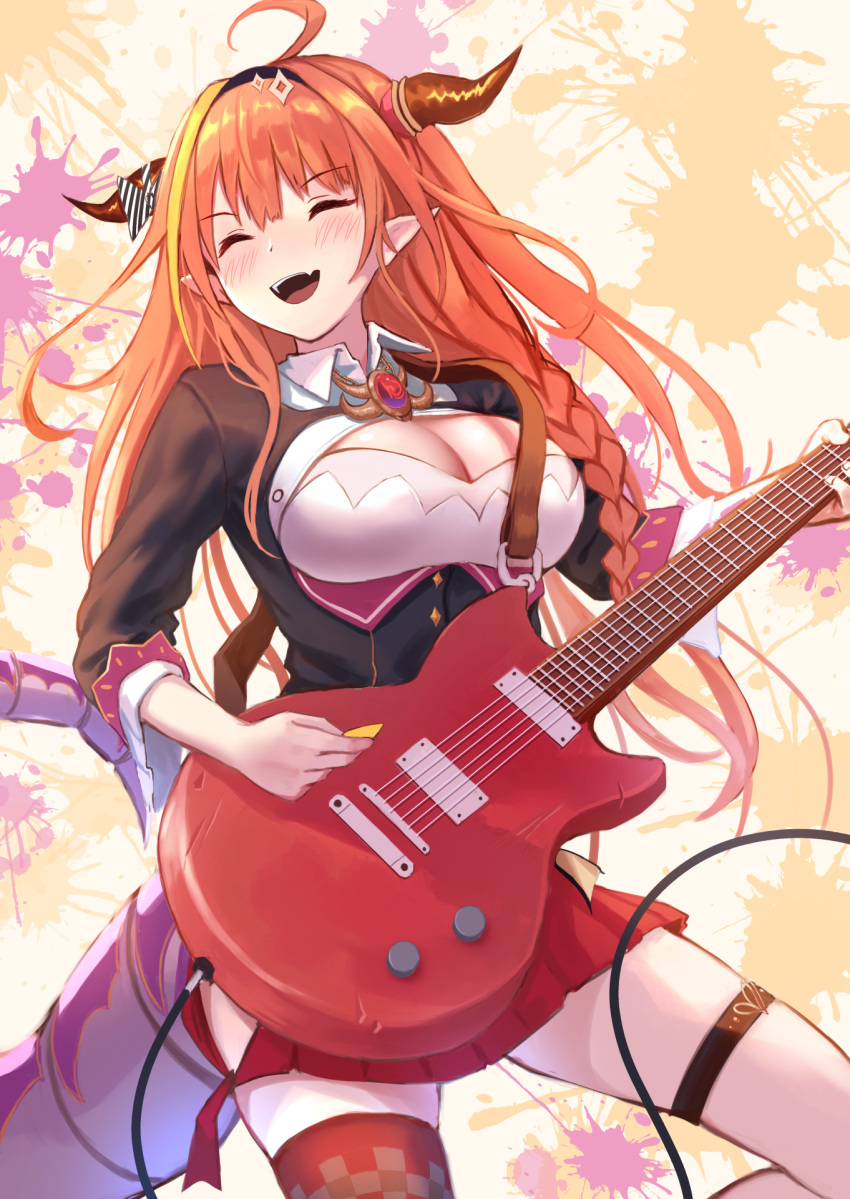 1girl :d ahoge bangs black_hairband blush bow braid breasts cleavage_cutout closed_eyes clothing_cutout commentary dragon_girl dragon_horns dragon_tail electric_guitar english_commentary eyebrows_visible_through_hair fang guitar hairband highres hololive horn_bow horn_ornament horns instrument kiryuu_coco large_breasts long_hair open_mouth orange_hair plectrum pointy_ears roke_(taikodon) single_thighhigh smile solo splatter_background tail thigh-highs thigh_strap virtual_youtuber