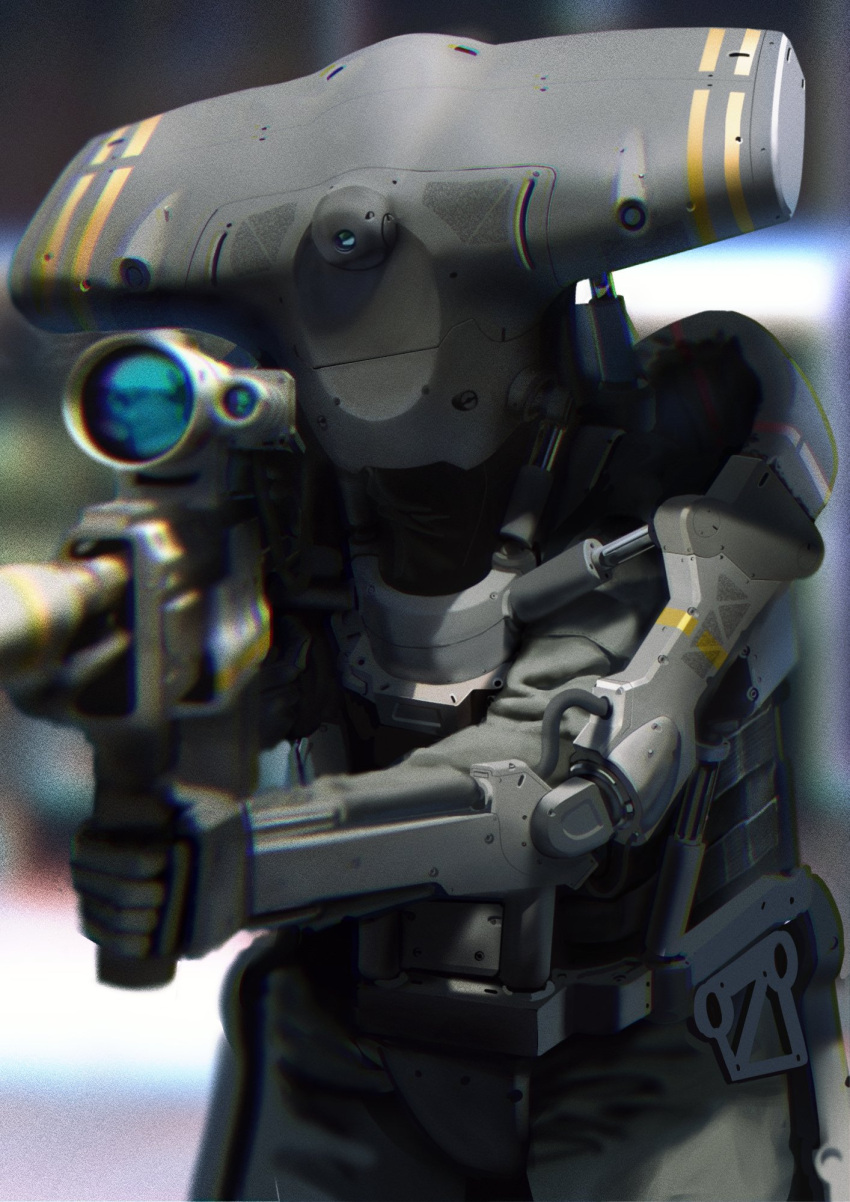 aiming gun highres holding holding_gun holding_weapon humanoid_robot kusami_toka_naku_au military no_humans one-eyed original piston robot science_fiction scope solo weapon