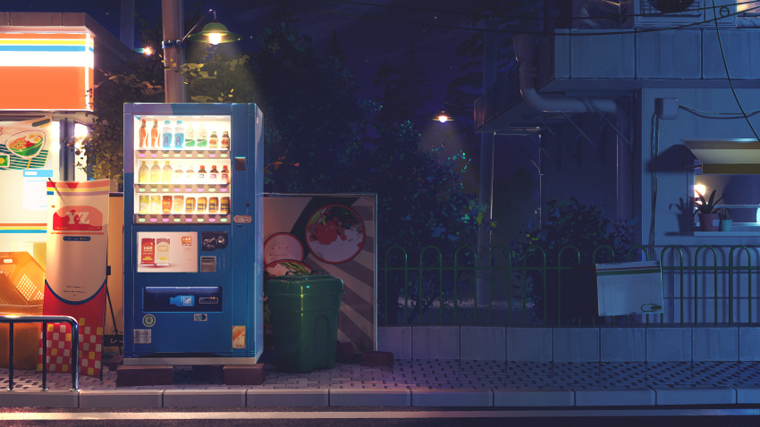 absurdres building commentary_request highres lamppost night no_humans original outdoors scenery trash_can tree vending_machine zhuang_yao