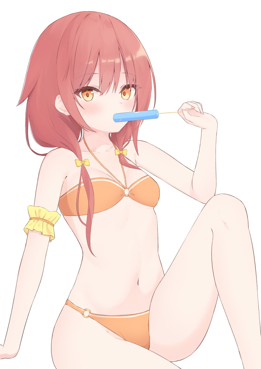 1girl bare_legs bare_shoulders bikini bow breasts brown_bikini brown_eyes brown_hair collarbone feet_out_of_frame food hair_bow hair_over_shoulder highres holding holding_food knee_up long_hair low_twintails nail_polish navel o-ring o-ring_bikini o-ring_bottom o-ring_top original pink_nails popsicle roido_(taniko-t-1218) simple_background small_breasts solo swimsuit twintails white_background yellow_bow