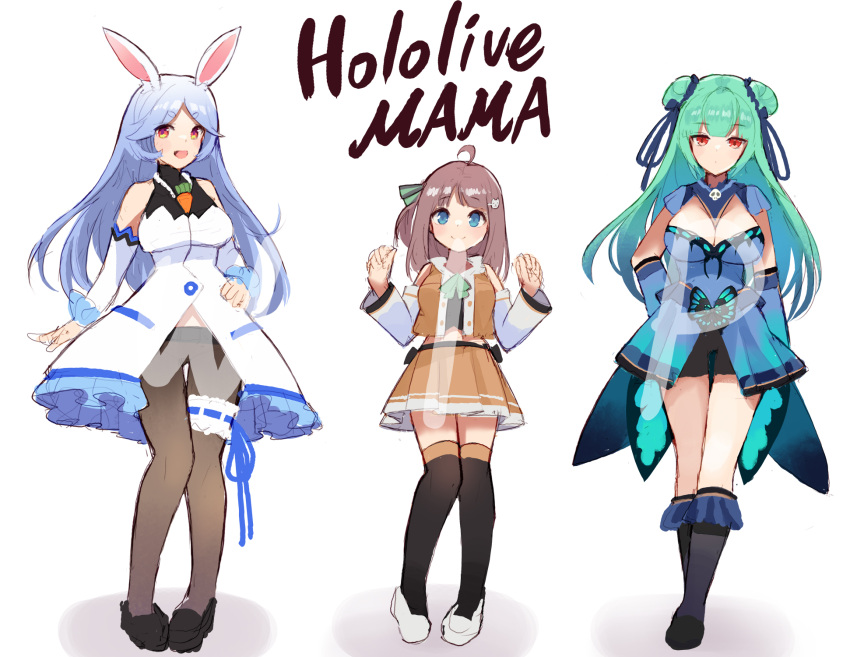 :d ahoge animal_ears blue_eyes blue_hair breasts brown_hair closed_mouth detached_sleeves dress full_body green_hair highres hololive kobi_(piliheros2000) long_hair looking_at_viewer open_mouth pantyhose pekomama rabbit_ears skirt smile standing thigh-highs virtual_youtuber