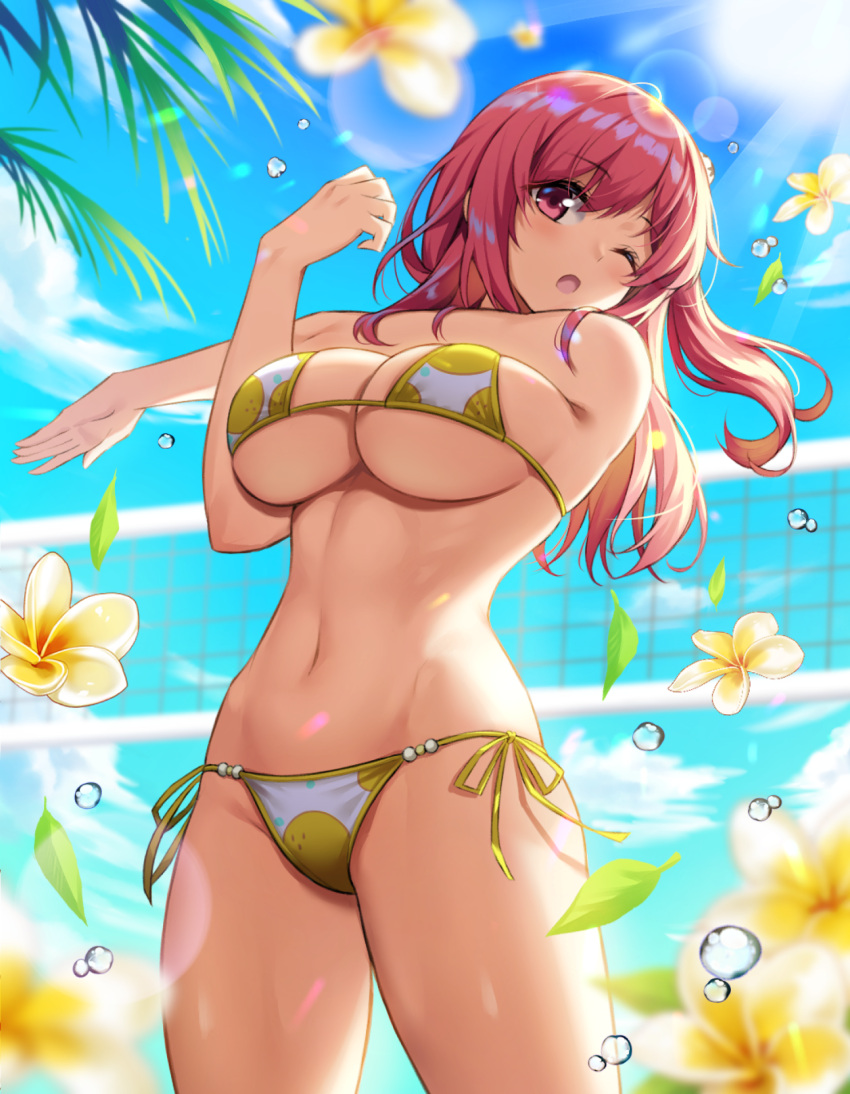 1girl ;o acso azur_lane bikini blue_sky breasts clouds cowboy_shot day dead_or_alive eyebrows_visible_through_hair flower hand_up highres honoka_(doa) large_breasts light_rays long_hair looking_at_viewer manjuu_(azur_lane) navel one_eye_closed outdoors outstretched_arm petals red_eyes redhead side-tie_bikini sky solo sun sunbeam sunlight swimsuit volleyball_net yellow_bikini