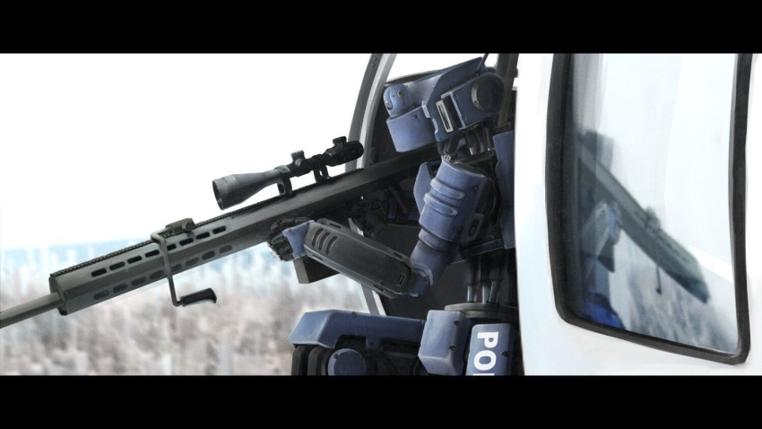 aircraft from_side gun helicopter holding holding_gun holding_weapon humanoid_robot kusami_toka_naku_au looking_ahead no_humans original rifle science_fiction scope sitting sniper_rifle sniper_scope solo weapon