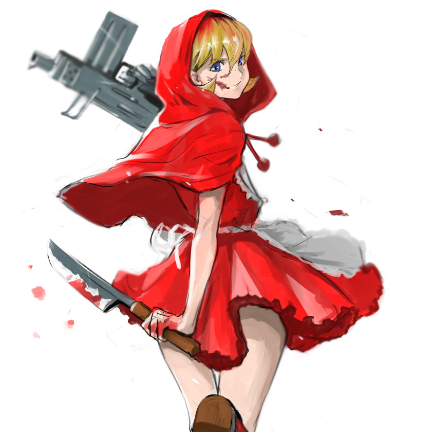 1girl 6maker absurdres apron blonde_hair blood blood_on_face blood_splatter bloody_knife blue_eyes bulleta cape dress dual_wielding evil_grin evil_smile finger_on_trigger from_behind grin gun highres holding holding_gun holding_knife holding_weapon hood hood_up hooded_cape imi_uzi knife looking_at_viewer looking_back red_cape red_dress smile solo submachine_gun thigh_gap vampire_(game) waist_apron walking_away weapon