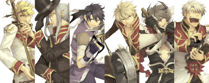 6+boys armor assassin_(ragnarok_online) assassin_cross_(ragnarok_online) bandages bangs black_coat black_gloves black_hair black_shirt blonde_hair book cigarette closed_mouth coat column_lineup commentary_request dagger demon demon_wings dual_wielding fingerless_gloves gauntlets glasses gloves green_eyes grey_hair hair_between_eyes hat head_wings high_priest_(ragnarok_online) holding holding_book holding_clothes holding_dagger holding_hat holding_staff holding_weapon horns jamadhar kazunon long_sleeves looking_at_viewer looking_to_the_side male_focus medium_hair multiple_boys open_clothes open_mouth open_shirt pants pauldrons platinum_blonde_hair ponytail priest_(ragnarok_online) purple_gloves purple_pants purple_shirt ragnarok_online red_shirt shirt short_hair shoulder_armor silver_hair simple_background skull staff standing surprised sweat top_hat two-tone_shirt upper_body violet_eyes weapon white_background white_gloves white_hair white_shirt wings yellow_eyes