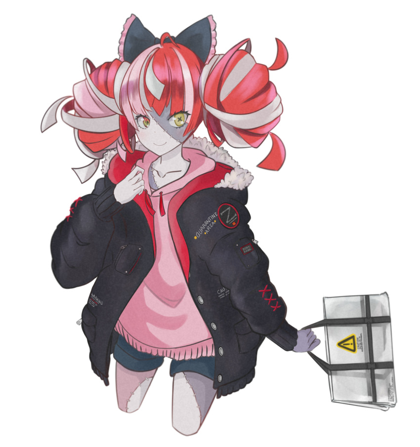 1girl absurdres alternate_costume black_jacket bow collarbone colored_skin cropped_legs double_bun emblem fencingboyhue frilled_bow frills fur-trimmed_jacket fur_trim grey_hair grey_skin hair_bow hand_on_own_chest heterochromia highres holding_purse hololive hololive_indonesia hood hoodie jacket kureiji_ollie looking_to_the_side messy_hair multicolored_hair open_clothes open_jacket patchwork_skin pink_hoodie pink_sweater red_eyes redhead shorts sign simple_background smile solo sweater two-tone_hair warning_sign white_background yellow_eyes