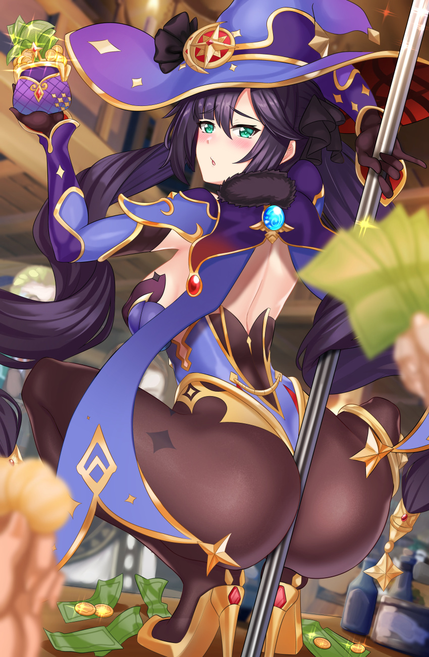 1girl absurdres ass back bangs bare_shoulders black_hair black_legwear breasts cape genshin_impact green_eyes hat high_heels highres leotard long_hair looking_at_viewer looking_back mage medium_breasts mona_(genshin_impact) money nez-box open_mouth pantyhose pole_dancing purple_headwear purple_leotard simple_background squatting stripper_pole thighs twintails very_long_hair vision_(genshin_impact) white_background witch_hat