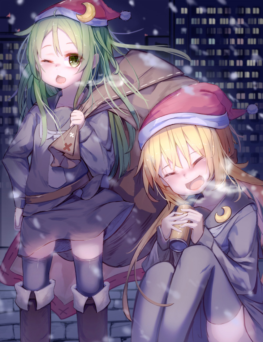 2girls black_legwear black_serafuku blonde_hair can canned_coffee chestnut_mouth cityscape closed_eyes crescent crescent_hair_ornament crescent_moon_pin feet_out_of_frame fur-trimmed_headwear fur_trim green_eyes green_hair hair_ornament hand_on_hip hat highres kantai_collection logiclr long_hair looking_at_viewer multiple_girls nagatsuki_(kantai_collection) necktie night outdoors red_headwear sack santa_hat satsuki_(kantai_collection) school_uniform serafuku smile snow standing thigh-highs twintails white_neckwear