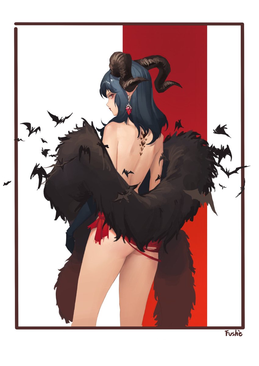 1girl absurdres animal ass bare_shoulders bat black_gloves blue_hair border closed_mouth demon_girl demon_horns earrings elbow_gloves eyeshadow fushe gloves highres horns jewelry lipstick long_hair looking_back makeup monster_hunter monster_hunter:_world pointy_ears red_eyes red_eyeshadow red_lipstick signature single_earring succubus