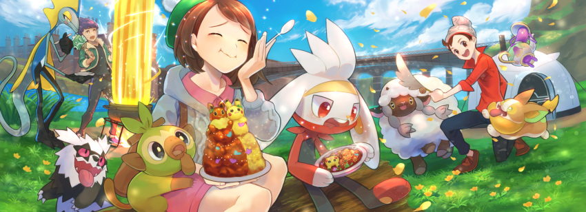 1girl 2boys backpack bag beanie black_pants black_shirt bridge brown_bag brown_eyes brown_footwear brown_hair cable_knit cardigan closed_eyes closed_mouth clouds collared_dress commentary_request curry day dress eating fan flower food fur-trimmed_jacket fur_trim galarian_form galarian_zigzagoon gen_8_pokemon glint gloria_(pokemon) grass green_headwear green_jacket grey_cardigan grey_headwear grookey hat highres holding holding_fan holding_spoon hooded_cardigan hop_(pokemon) inteleon jacket kikuyoshi_(tracco) kneeling multiple_boys open_mouth outdoors pants petals pink_dress plate pokemon pokemon_(creature) pokemon_(game) pokemon_swsh polteageist pot purple_hair raboot red_shirt shirt shoes short_hair sitting sky sleeves_rolled_up smile spoon standing tam_o'_shanter teeth tongue victor_(pokemon) wooloo yamper yellow_eyes yellow_flower