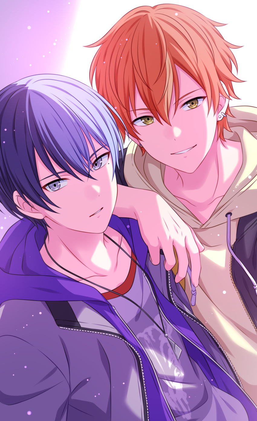 2boys absurdres aoyagi_touya arm_on_shoulder bangs black_jacket blue_eyes blue_hair brown_hoodie collarbone earrings grin hair_between_eyes highres hood hooded_jacket hoodie jacket jewelry long_sleeves looking_at_viewer male_focus mole mole_under_eye multiple_boys necklace open_clothes orange_hair project_sekai purple_jacket sekina shinonome_akito shirt short_hair simple_background smile teeth upper_body yellow_eyes zipper