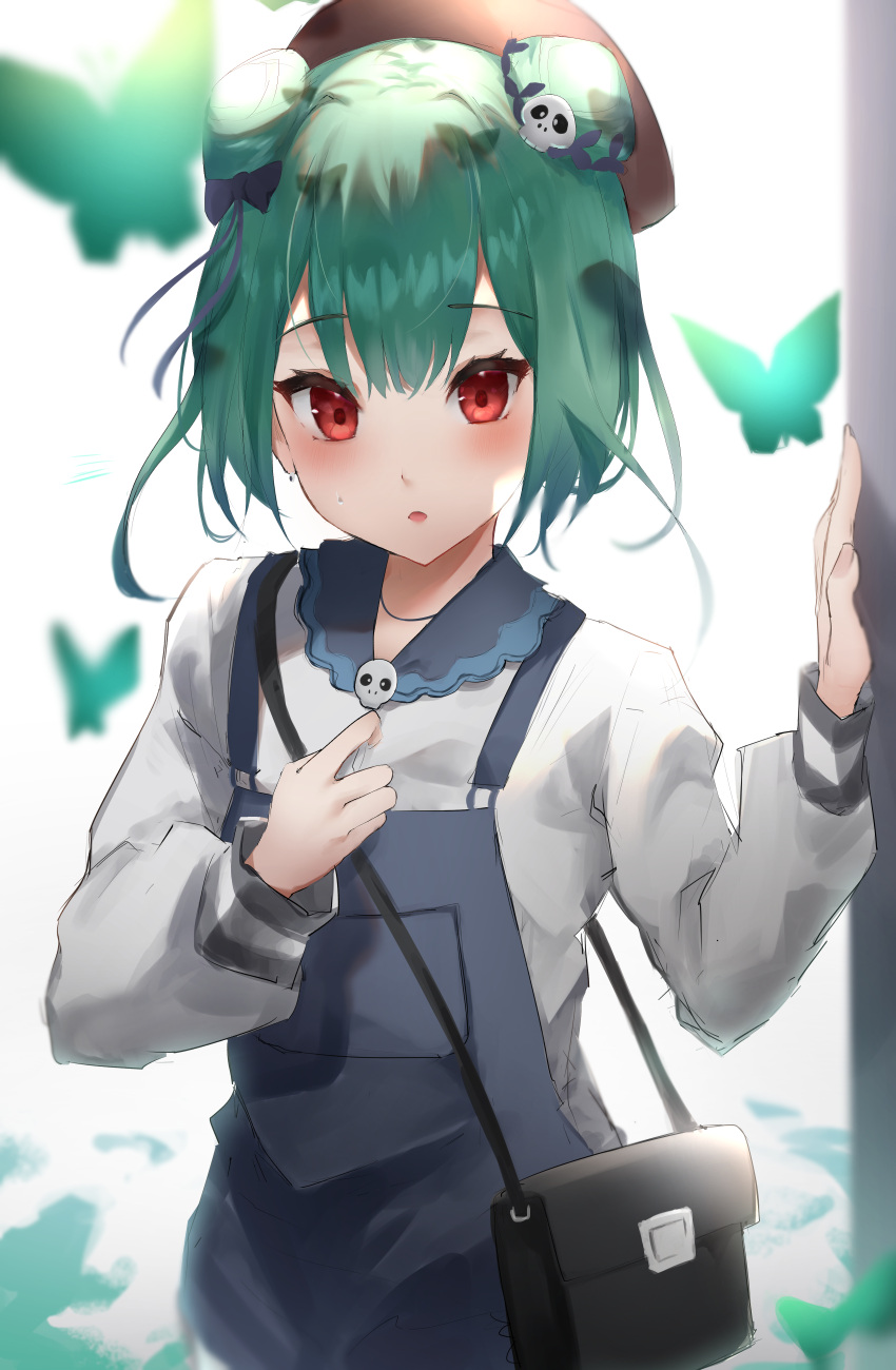 1girl absurdres alternate_costume bag beret blush bug butterfly doorway double_bun green_butterfly green_hair hair_ornament hand_on_own_chest hand_up handbag hat highres hololive insect jewelry kyoro_ina long_sleeves looking_at_viewer necklace overalls parted_lips red_eyes ringlets short_hair_with_long_locks skull skull_hair_ornament solo strap sweatdrop tsurime uruha_rushia virtual_youtuber