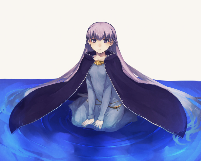 1girl absurdly_long_hair belly_chain blue_dress cloak collarbone dress fire_emblem fire_emblem:_the_binding_blade highres jewelry kneeling lavender_dress long_hair long_sleeves looking_at_viewer mesz410 partially_submerged purple_cloak purple_hair simple_background solo sophia_(fire_emblem) very_long_hair violet_eyes water white_background