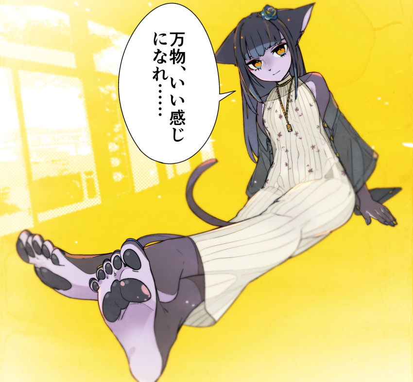 1girl animal_ears barefoot blue_flower blue_rose closed_mouth crossed_legs dress dutch_angle flower foreshortening furry grey_hair grey_jacket hair_flower hair_ornament jacket jewelry kuroi_moyamoya light_smile long_dress long_hair long_sleeves looking_at_viewer necklace noire_kooshe off_shoulder orange_eyes original purple_fur rose simple_background sitting soles solo tail translation_request white_dress yellow_background