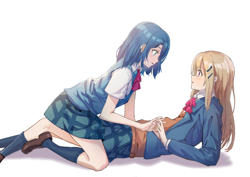 2girls absurdres adachi_sakura adachi_to_shimamura blazer blue_hair blush bow commentary_request eye_contact green_eyes hair_ornament hairclip highres imminent_hand_holding jacket kneeling light_brown_hair long_hair looking_at_another multiple_girls on_floor open_mouth school_uniform shimamura_hougetsu shoes short_hair simple_background skirt smile socks violet_eyes white_background xiaomai_yorik yuri