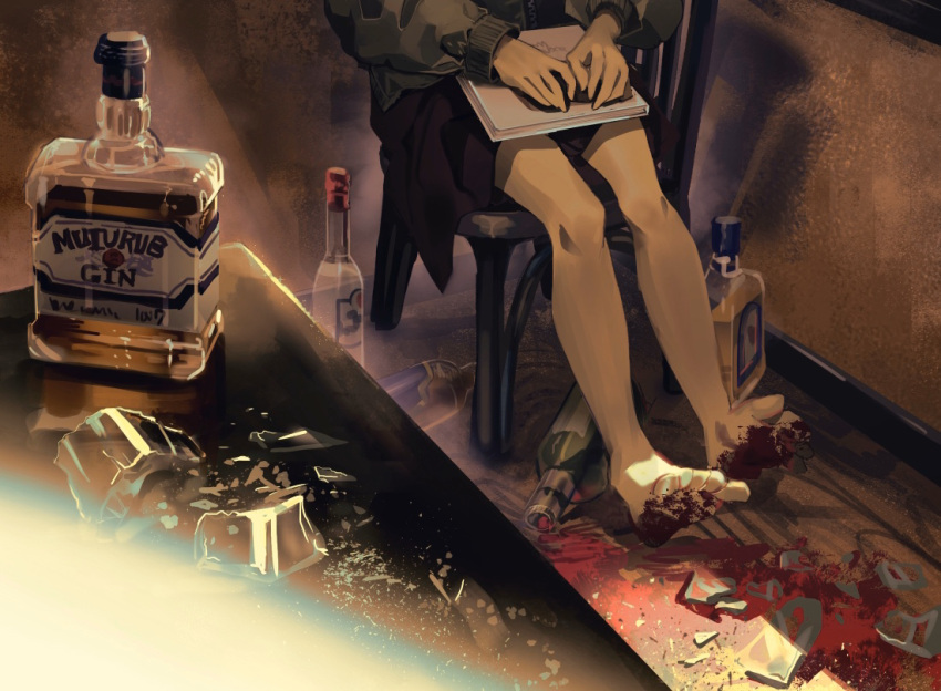 ambiguous_gender bare_legs barefoot book bottle broken_glass chair glass head_out_of_frame indoors long_sleeves original shio_(s_alt_shio) sitting solo spill