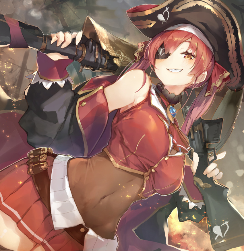 1girl adapted_weapon ascot bandolier bare_shoulders belt black_coat bodystocking breasts brooch coat covered_navel crop_top cruel_gz dual_wielding dutch_angle eyepatch feathers gold_trim grin groin gun hair_feathers hat highres holding hololive holstered_weapon houshou_marine jewelry large_breasts long_hair long_sleeves looking_at_viewer magazine_(weapon) midriff miniskirt musket navel off_shoulder open_clothes open_coat orange_eyes over_shoulder pirate_hat pleated_skirt red_skirt red_vest redhead rifle ringlets skirt smile smirk solo trigger_discipline twintails vest weapon weapon_over_shoulder