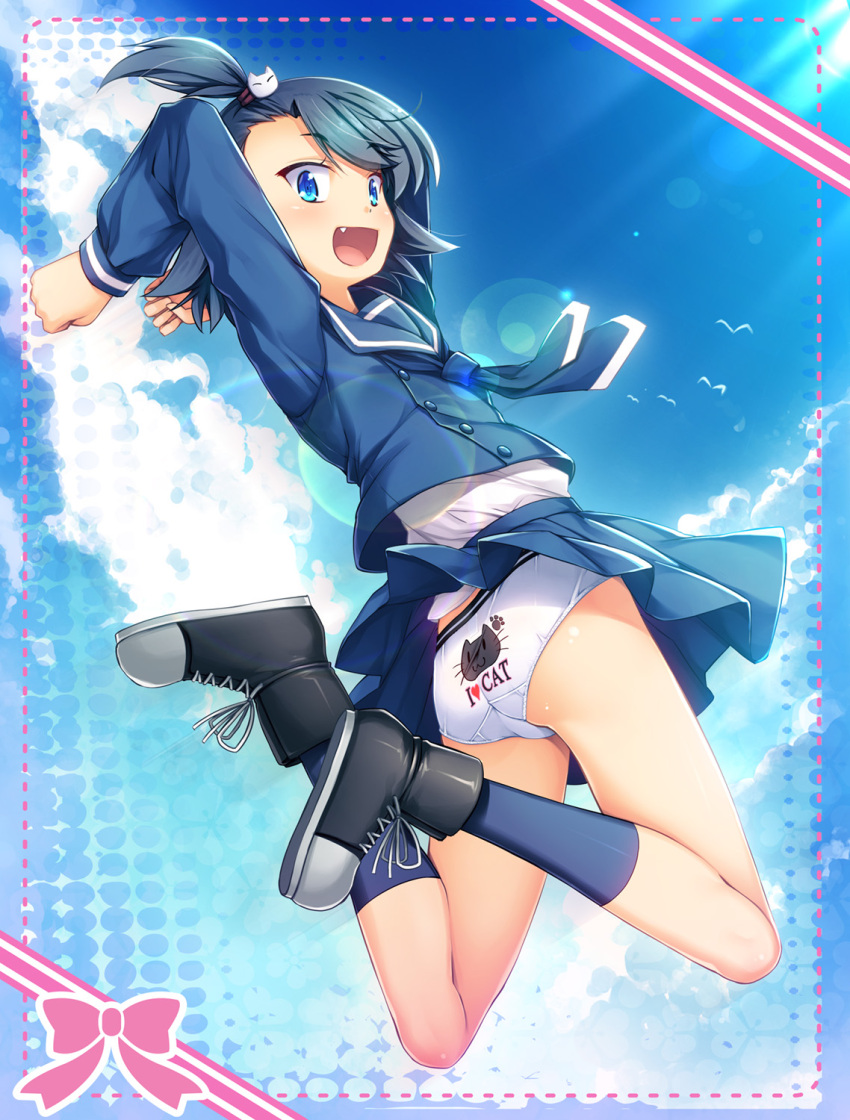 1girl :d animal_print arms_up ass black_footwear black_hair black_legwear blue_eyes blue_skirt blue_sky boots border cat_hair_ornament cat_panties cat_print child chima_q clothes_writing clouds commentary_request fang from_behind full_body hair_ornament highres hodaka_natsumi houkago_teibou_nisshi jumping long_sleeves looking_at_viewer looking_back open_mouth panties print_panties school_uniform serafuku skirt sky smile socks solo underwear white_panties