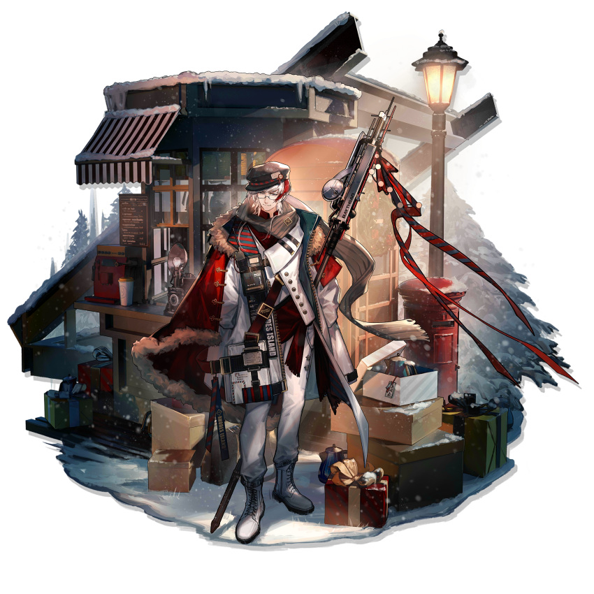 1boy arknights bespectacled black_headwear box buttons cabbie_hat camera cloak coat coffee_maker_(object) elysium_(arknights) elysium_(winter_echo)_(arknights) english_text fur-trimmed_cloak fur_trim gift gift_box glasses grey_eyes hat highres holding holding_pole kettle lamppost long_sleeves multicolored_hair official_alternate_costume official_art outdoors pants pole postbox_(outgoing_mail) red_cloak skade smile snow solo standing streaked_hair tag transparent_background tree watermark white_coat white_footwear white_hair white_pants winter_clothes wreath