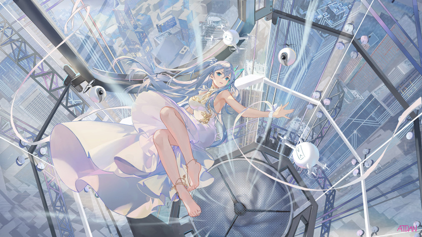 &gt;_&lt; &gt;_o 1girl anklet armpits artist_name atdan bare_arms bare_legs bare_shoulders barefoot blue_eyes breasts building butterfly_hair_ornament cangqiong city dress drone fan full_body hair_ornament highres indoors jewelry large_breasts long_hair looking_at_viewer midair one_eye_closed one_side_up parted_lips propeller ribbon sideboob silver_hair sleeveless sleeveless_dress smile solo synthesizer_v very_long_hair visible_air white_dress white_ribbon window wrist_ribbon