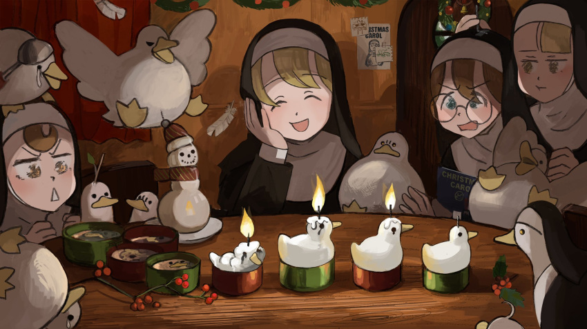 4girls :d :t ^_^ animal_on_arm bell bell_collar bird blonde_hair blue_eyes book brown_eyes brown_hair candle candle_wax candle_wick candlelight catholic chair cheek_bulge chicken christmas_wreath clenched_hands closed_eyes collar commentary crying curtains diva_(hyxpk) doodle door duck english_commentary feathers fire garland_(decoration) glasses habit hand_on_another's_head hand_on_own_face head_out_of_frame highres holding holding_book holly ladle little_nun_(diva) melting multiple_girls nun object_on_head open_mouth poster_(object) scared smile snowman sparkling_eyes spread_wings surprised tape tears triangle_mouth twig upside-down wooden_table yellow_eyes