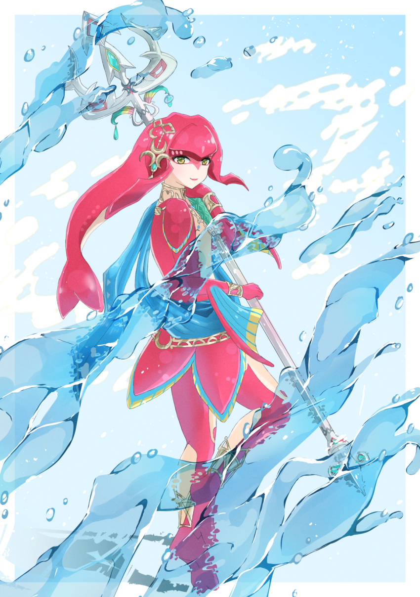 1girl blue_background border brown_eyes closed_mouth colored_skin commentary_request fins fish_girl hair_ornament highres holding holding_spear holding_weapon jewelry long_hair looking_at_viewer mipha monster_girl multicolored multicolored_skin no_eyebrows outside_border pointy_ears polearm red_skin redhead seri_(yuukasakura) smile solo spear the_legend_of_zelda the_legend_of_zelda:_breath_of_the_wild water weapon white_border zora